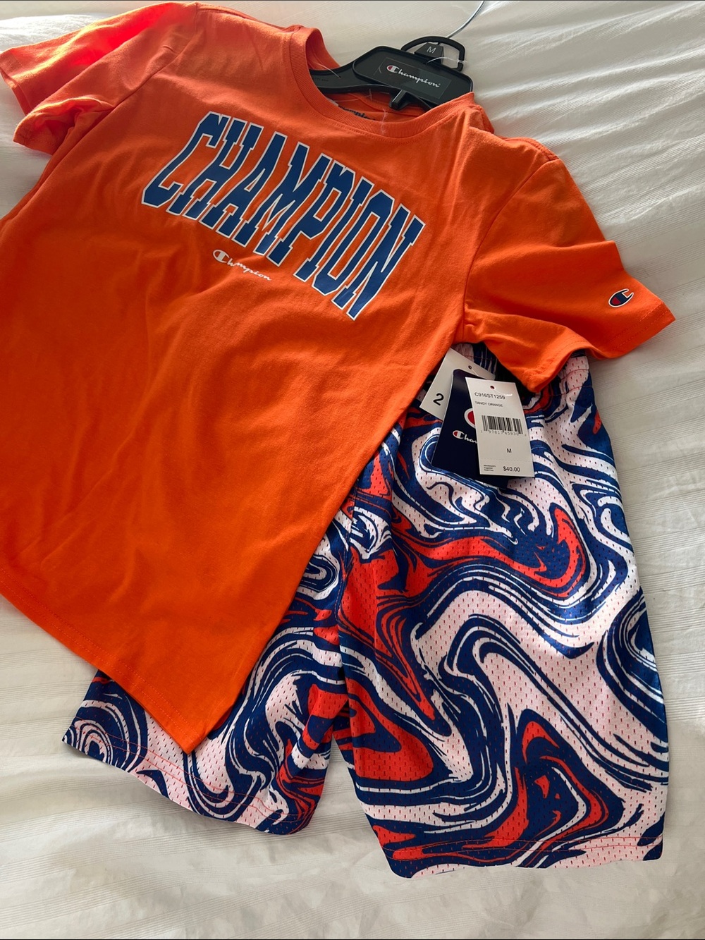 Champion NY Nicks Orange Tee with Blue-orange  Swirl Shorts boys M  NWT